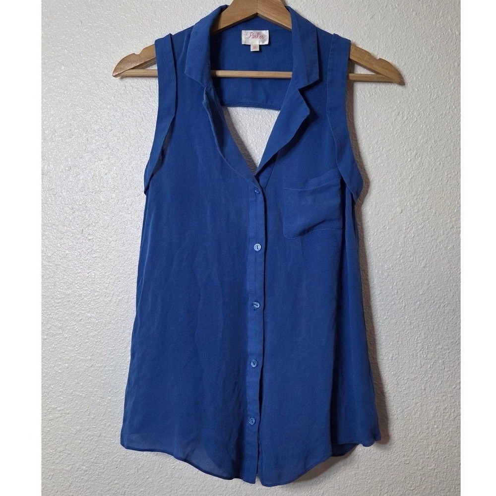 100% Silk Blue Sleeveless Blouse XS Open Back Elevated Minimalist Chic Summer